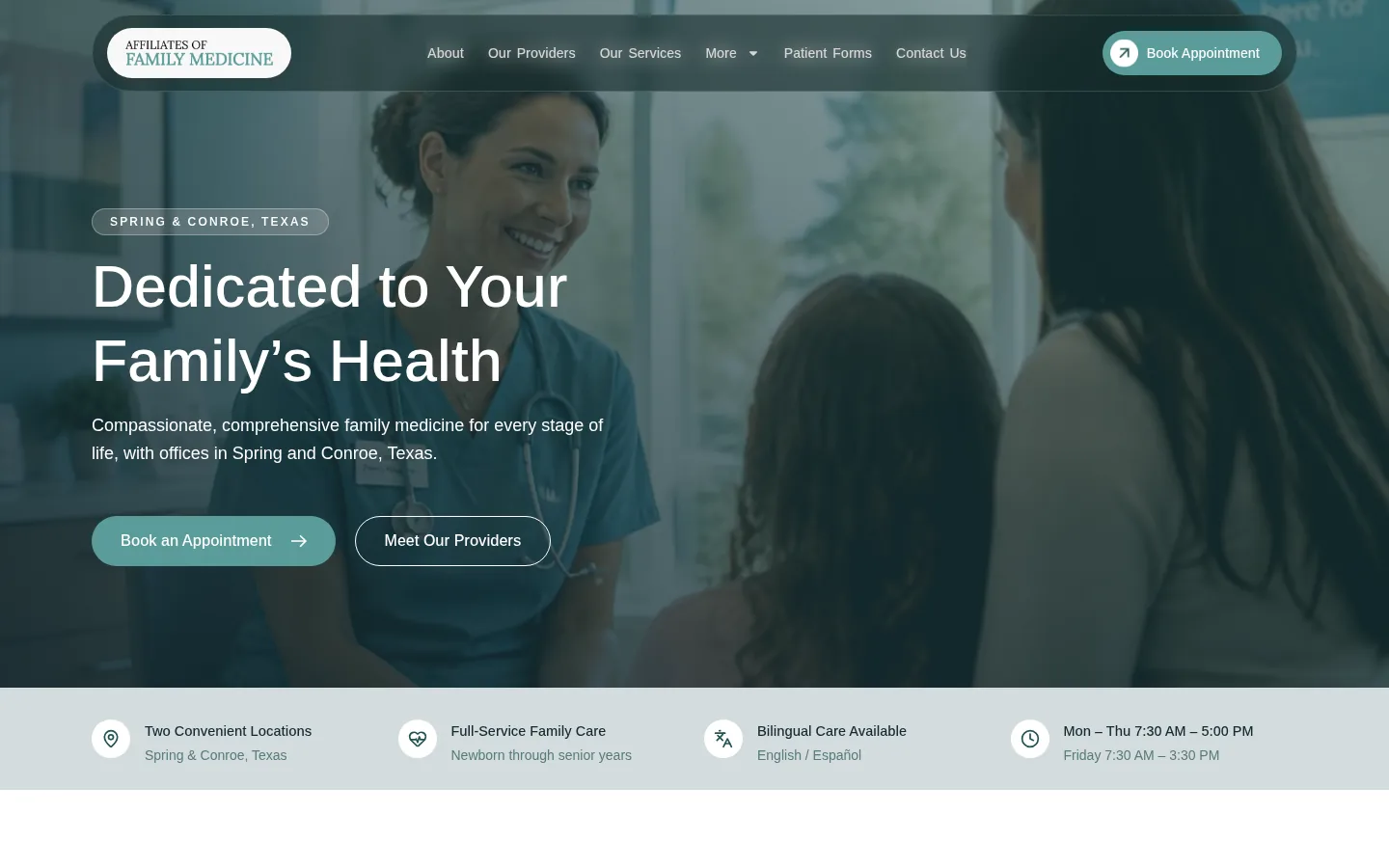 Redesigned Affiliates of Family Medicine homepage on desktop by Beefy Marketing