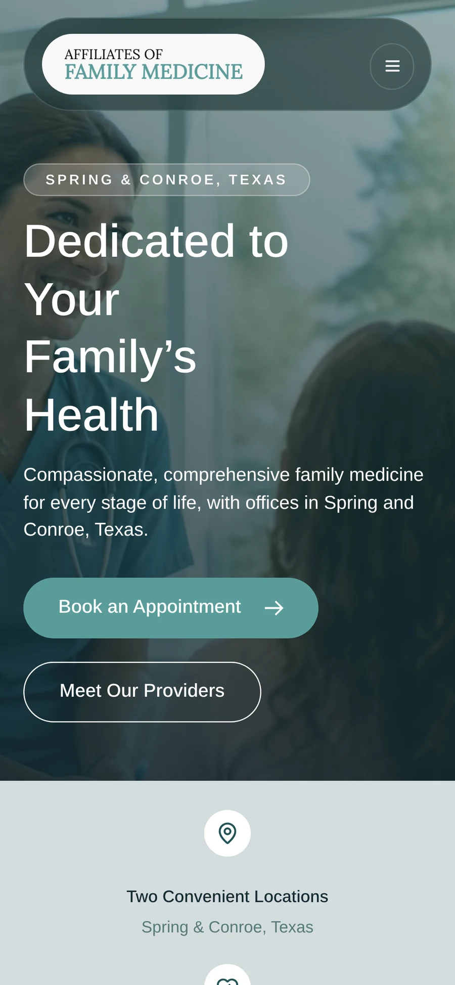 Redesigned Affiliates of Family Medicine homepage on mobile