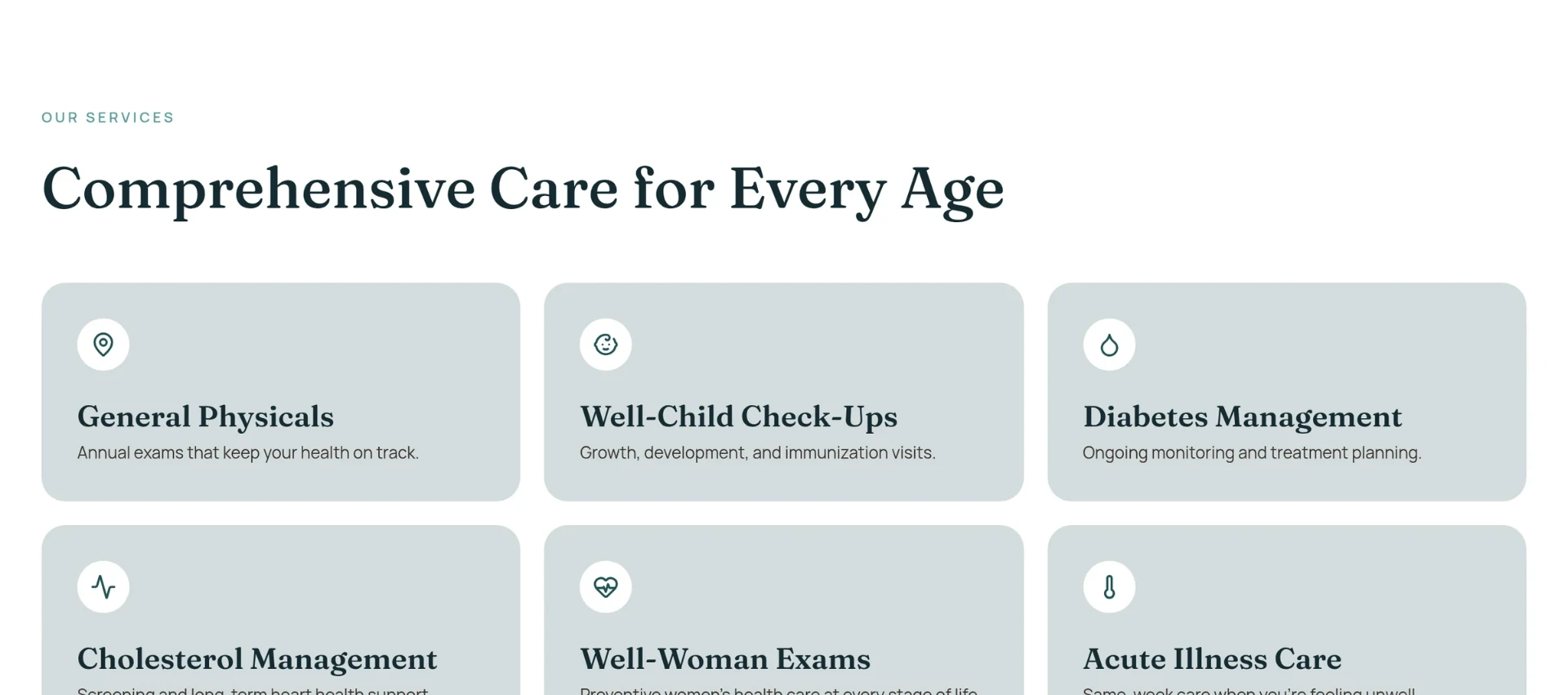 Comprehensive Care for Every Age services grid: General Physicals, Well-Child Check-Ups, Diabetes Management, Cholesterol Management, Well-Woman Exams, Acute Illness Care