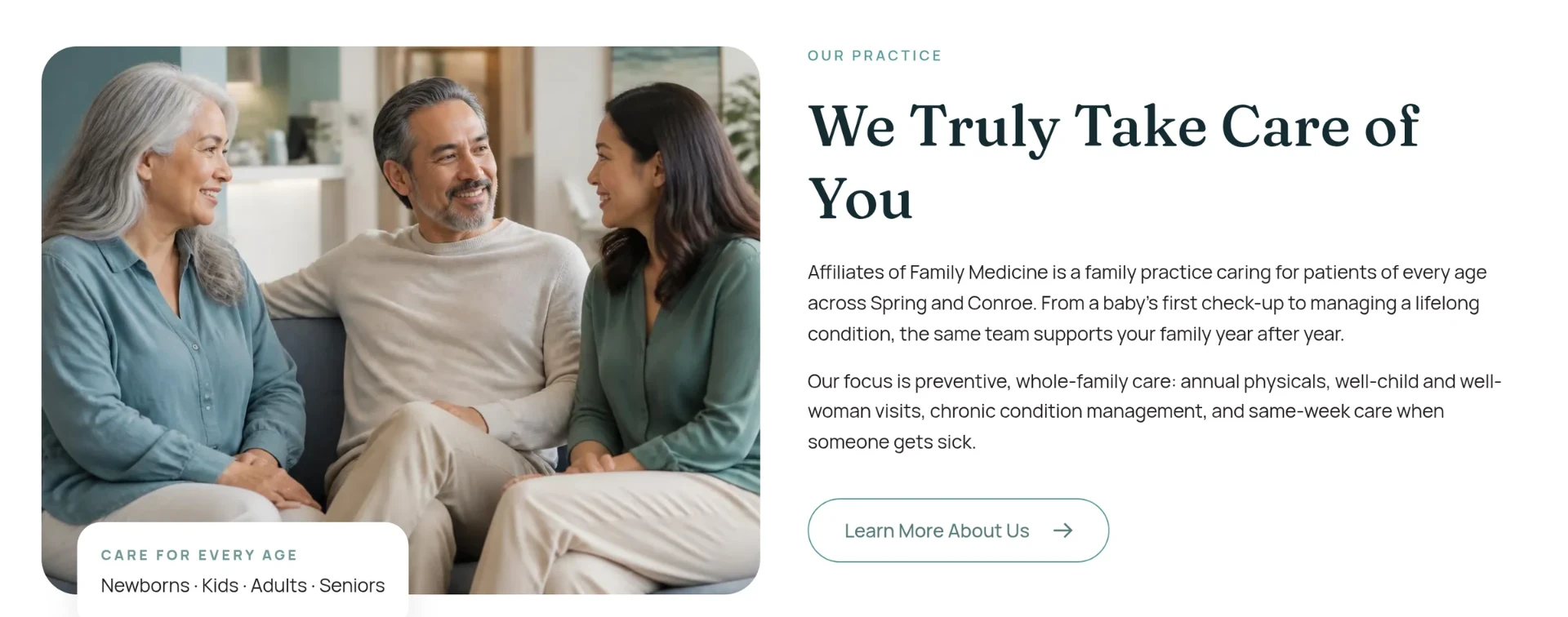 We Truly Take Care of You intro section on affiliatesoffamilymedicine.com describing whole-family care in Spring and Conroe