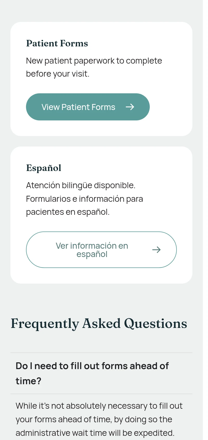 Affiliates of Family Medicine patient forms, Spanish section and FAQ on a phone