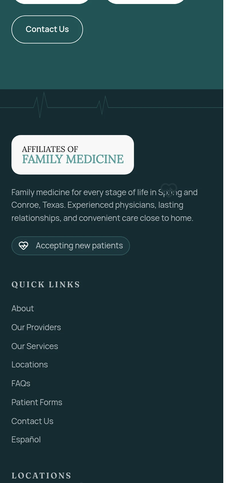 Affiliates of Family Medicine book an appointment call to action and footer on a phone