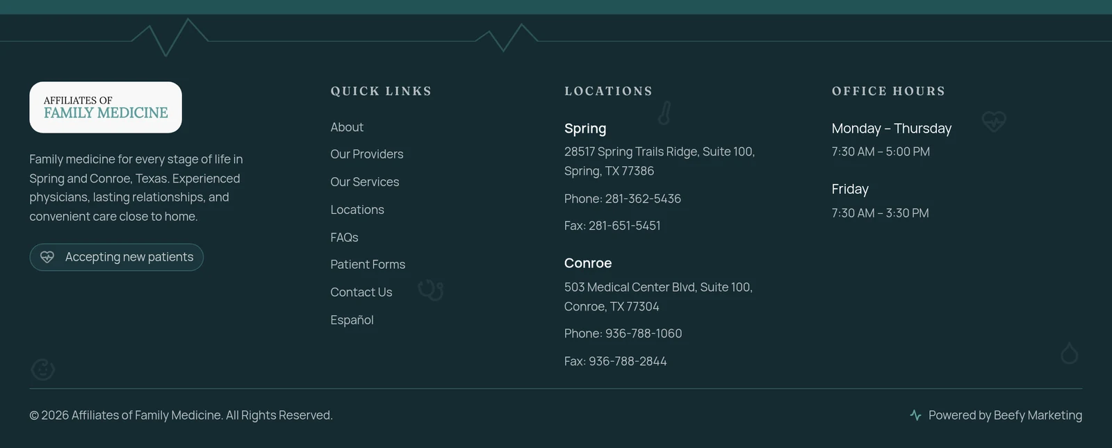 Affiliates of Family Medicine footer listing the Spring and Conroe office addresses, phone and fax numbers, and office hours