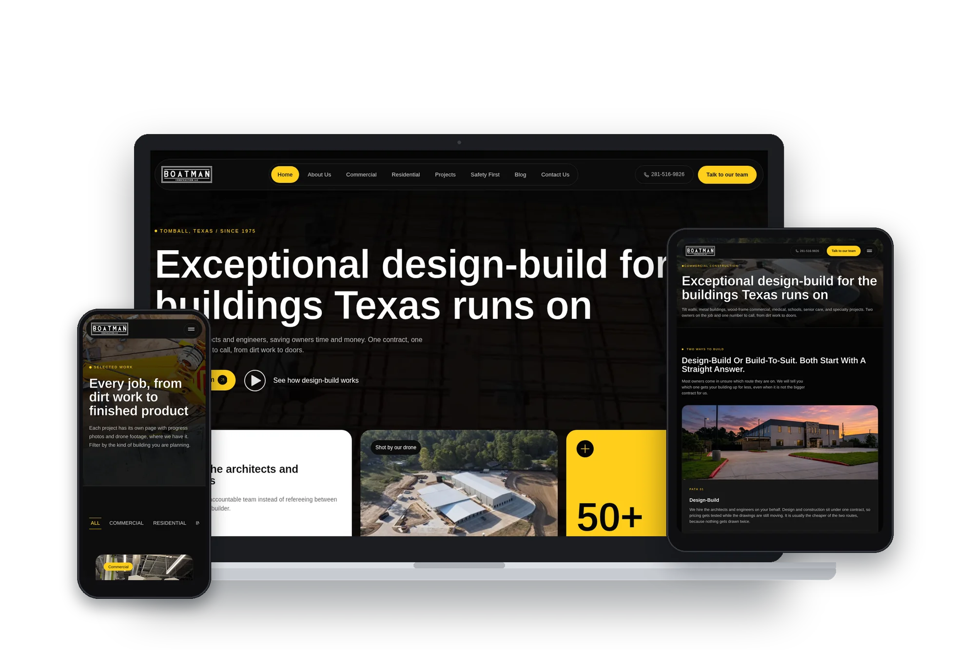 Boatman Construction website on laptop, tablet and phone