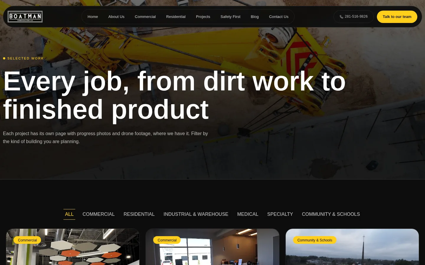 Boatman Construction Projects page: filterable selected work
