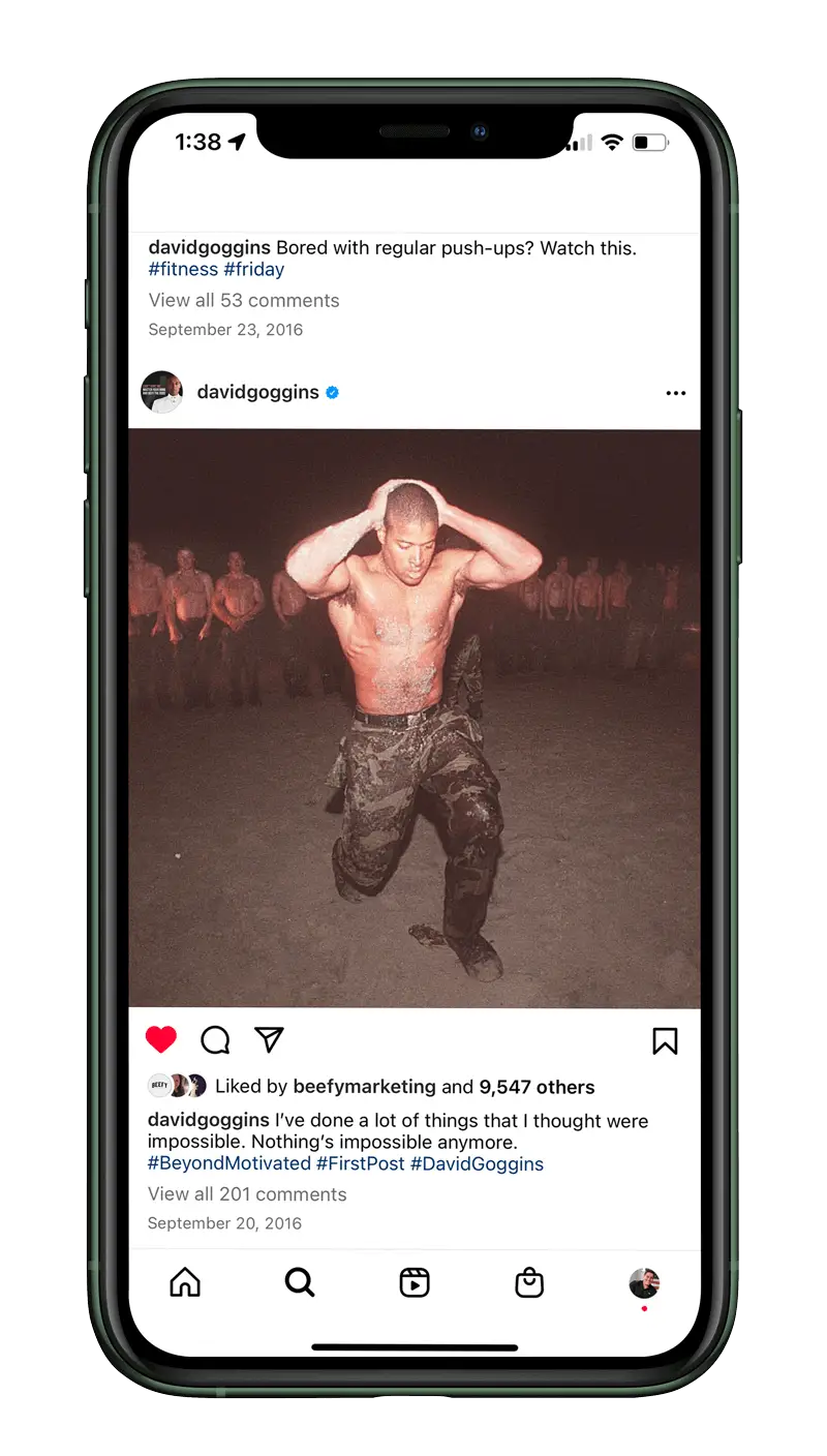 David Goggins first Instagram post — managed by Beefy Marketing