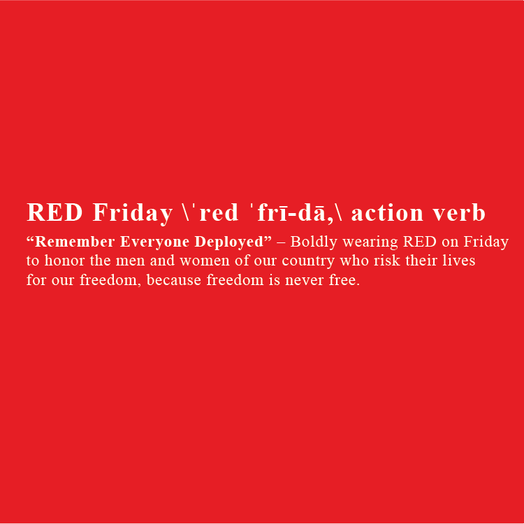 RED Friday shirt — back — Remember Everyone Deployed — by Beefy Marketing