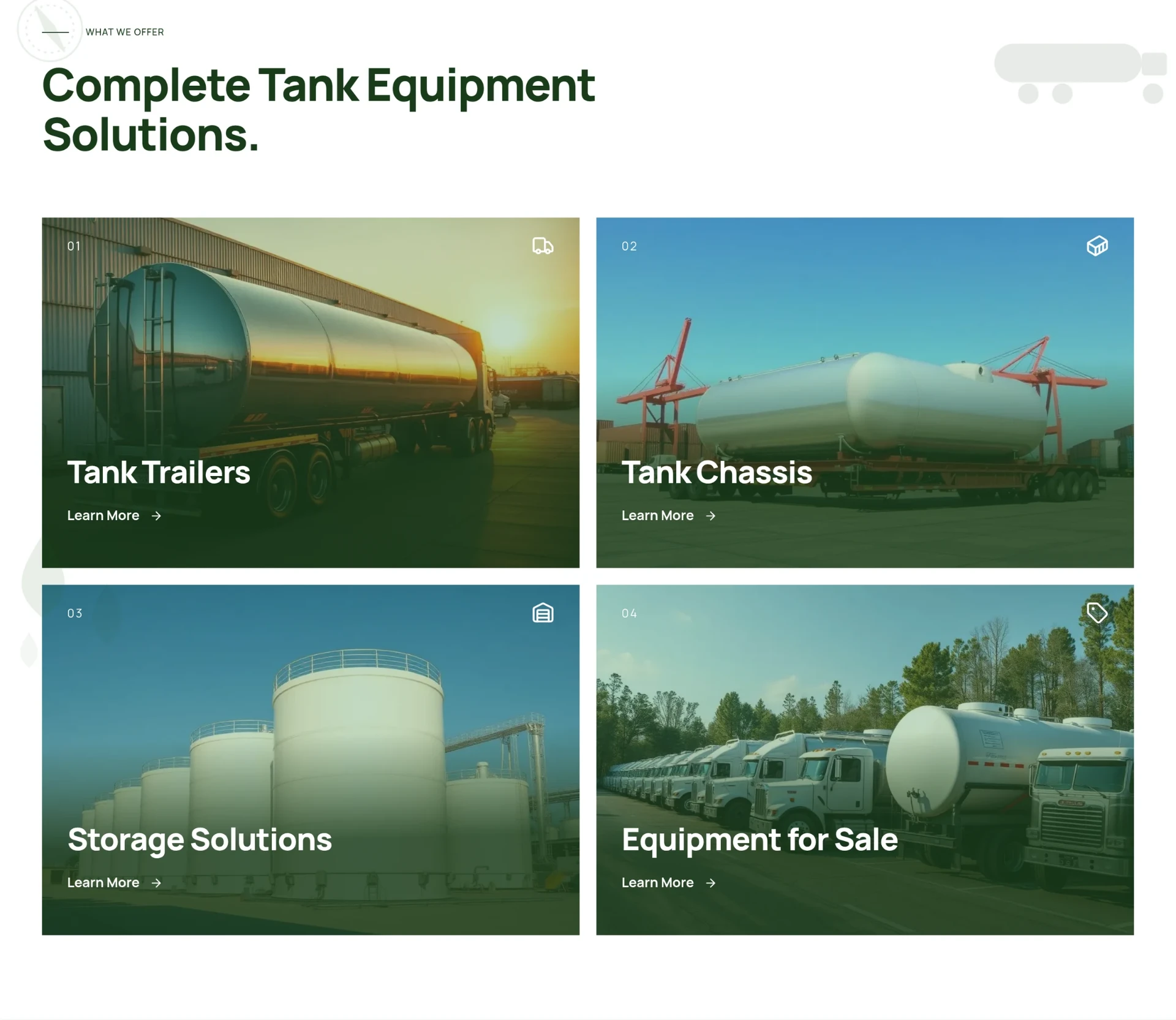 Complete Tank Equipment Solutions grid on matlackleasing.com linking to Tank Trailers, Tank Chassis, Storage Solutions and Equipment for Sale