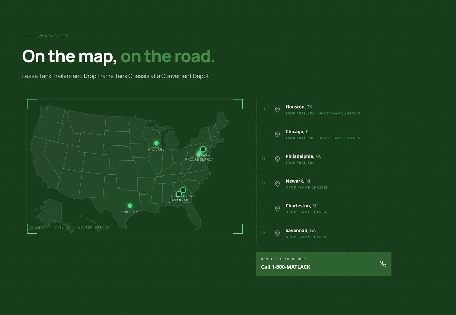 On the map, on the road section listing Matlack Leasing depot cities with addresses