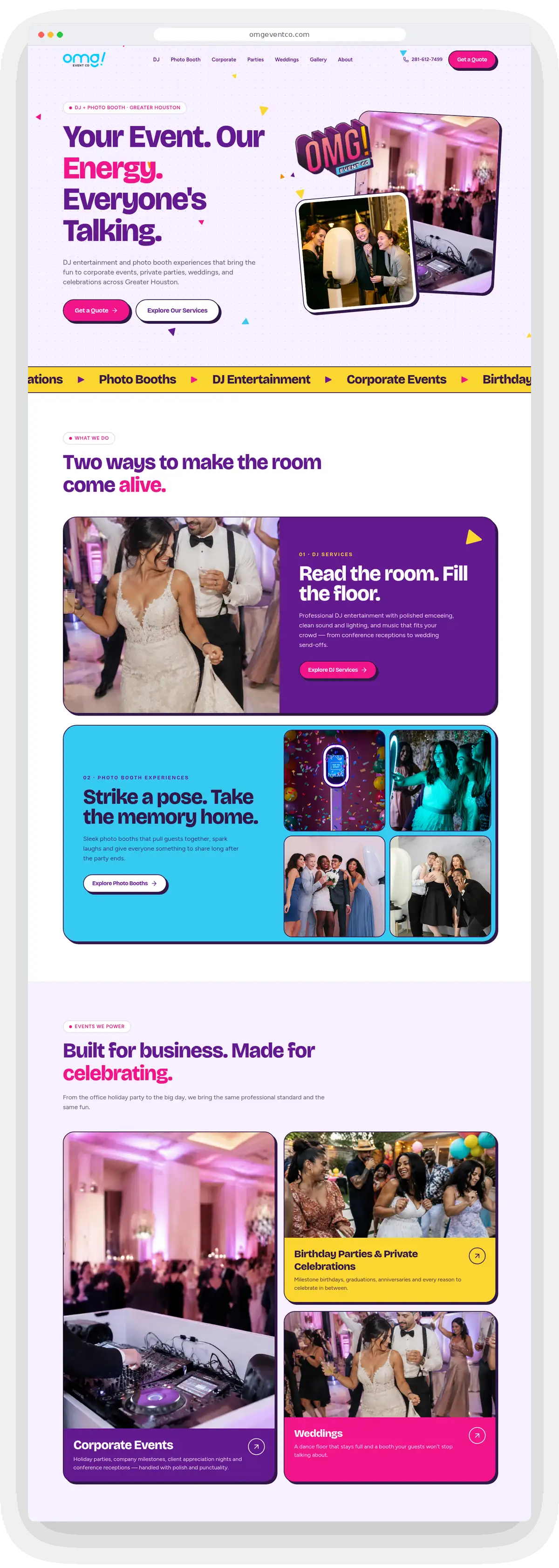 OMG! Event Co. homepage from the hero through the Events we power section