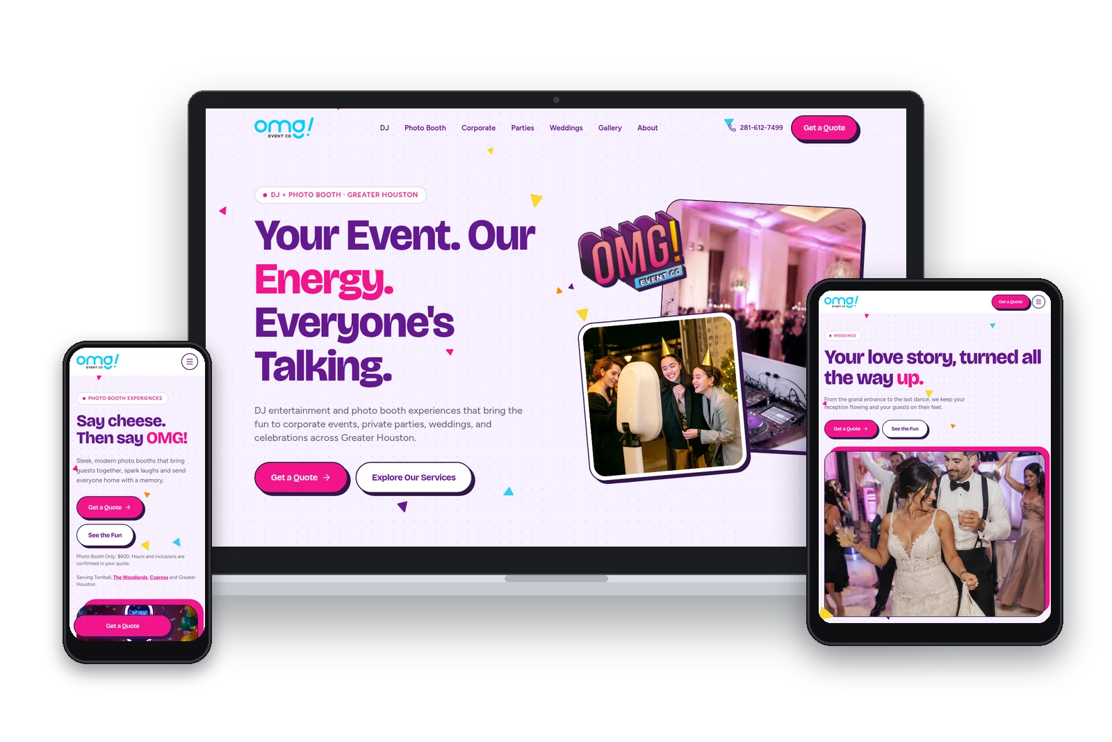 OMG! Event Co. website by Beefy Marketing: homepage on a laptop, weddings page on a tablet and photo booth page on a phone