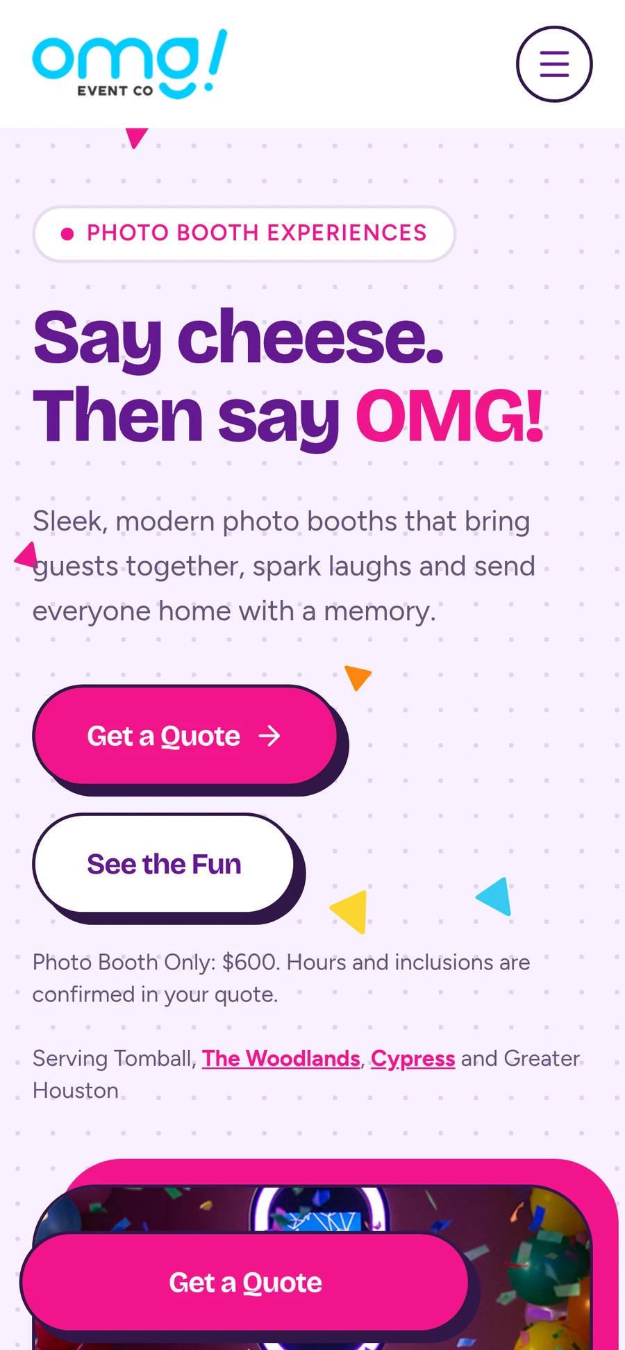 OMG! Event Co. photo booth page on a phone