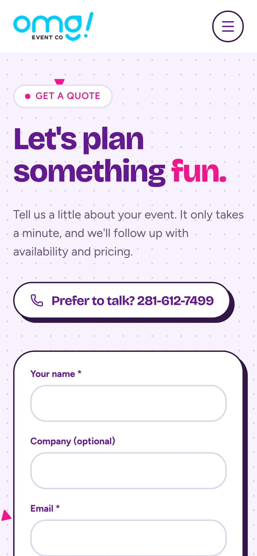 OMG! Event Co. get a quote form on a phone