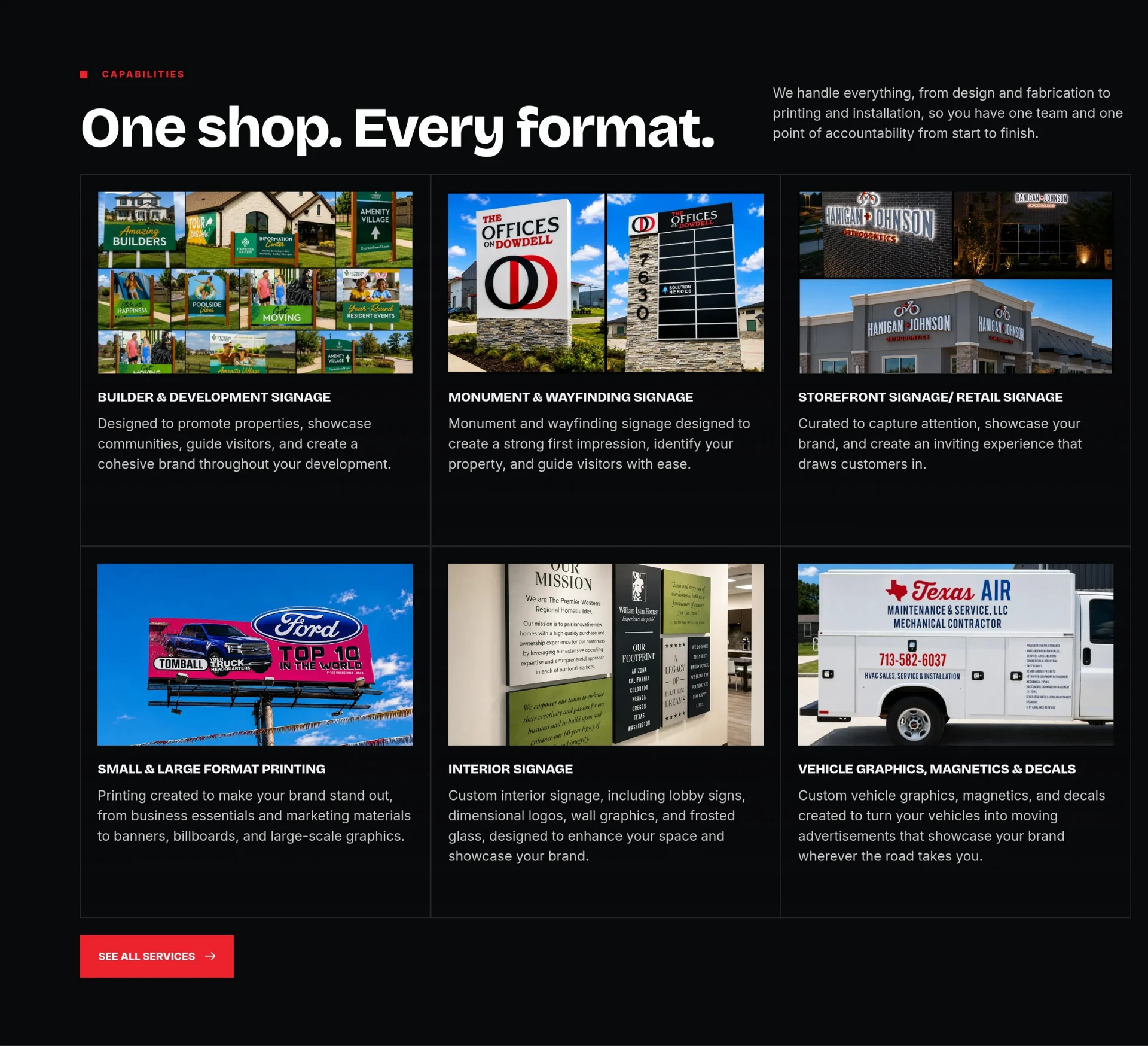 One shop. Every format. capabilities grid on signtexoutdoor.com showing builder, monument, storefront, large format, interior and vehicle graphics work