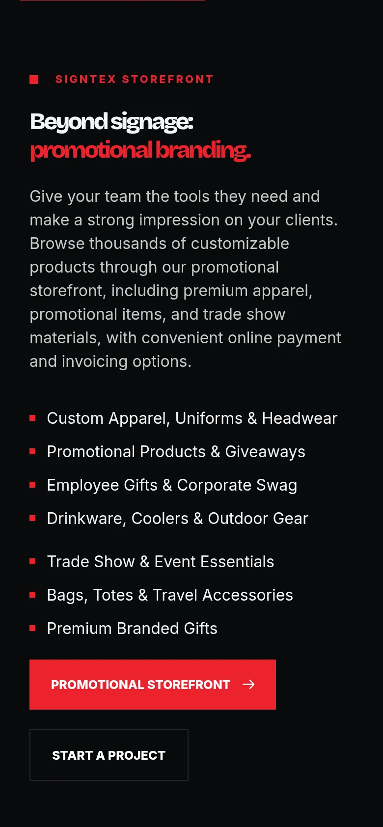 Signtex Outdoor promotional products section on a phone