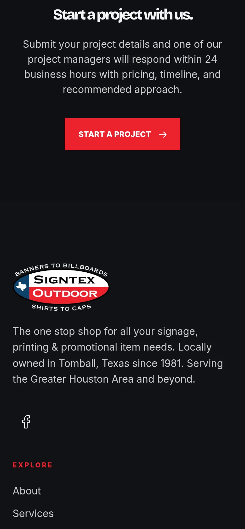 Signtex Outdoor start a project call to action and footer on a phone