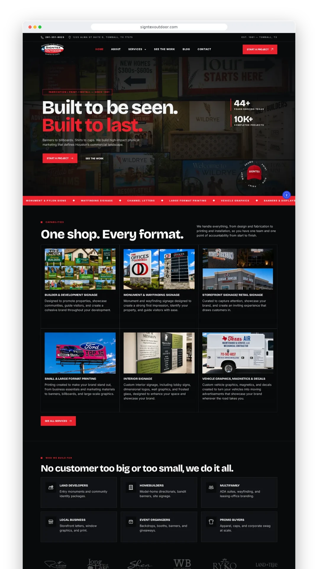 Full-page scroll of the Signtex Outdoor homepage