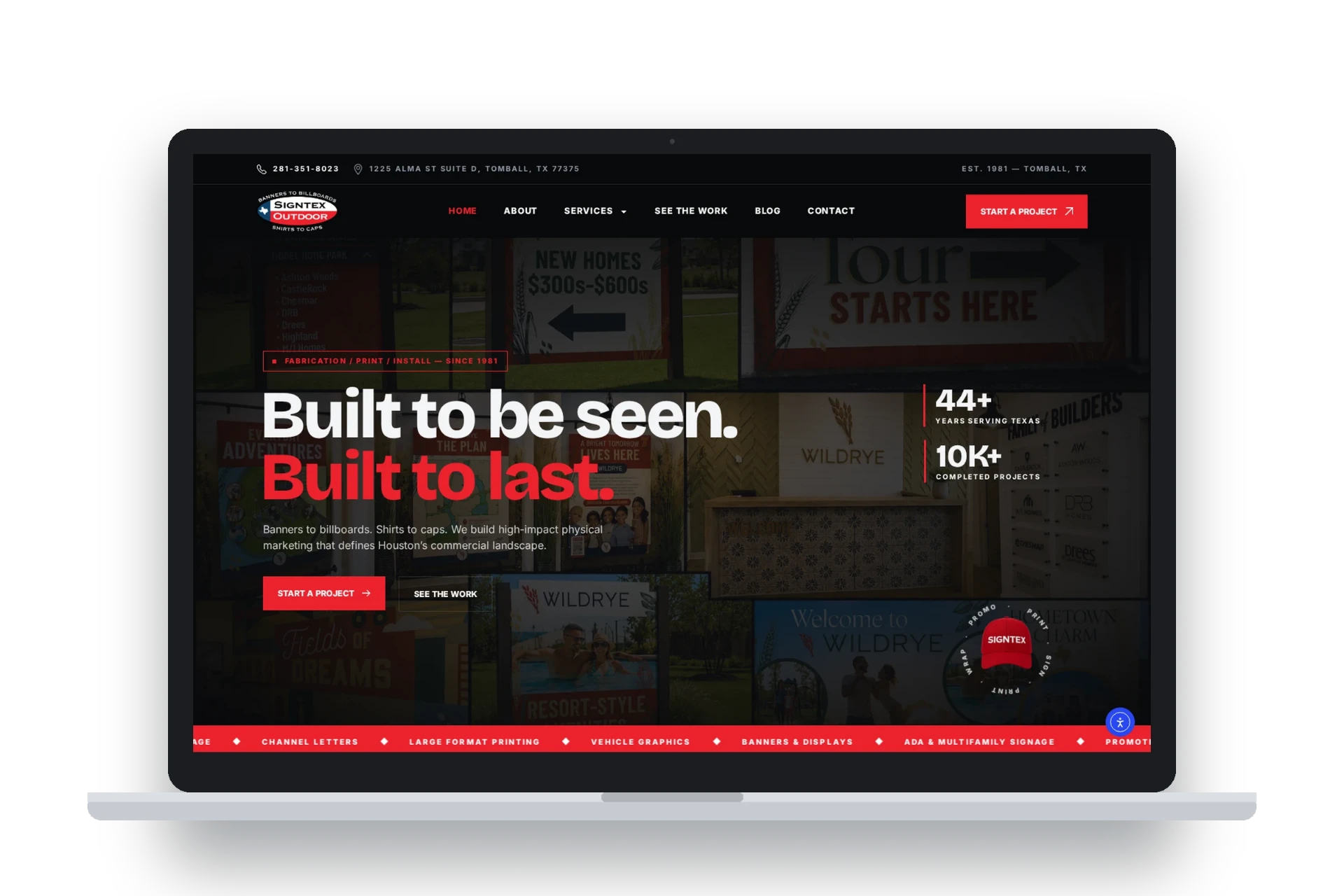 Signtex Outdoor website homepage on a laptop, designed by Beefy Marketing