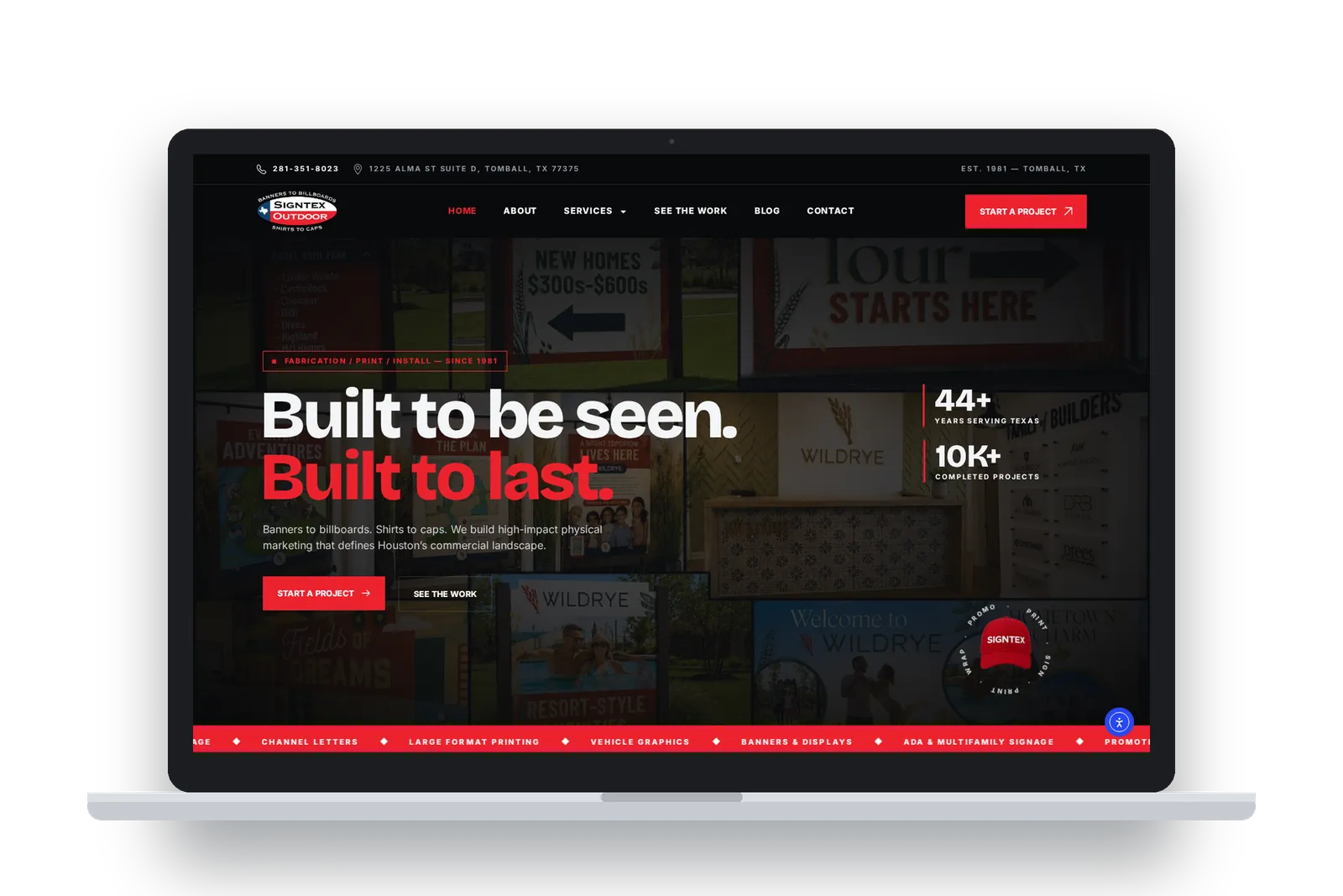 Signtex Outdoor website homepage on a laptop, designed by Beefy Marketing