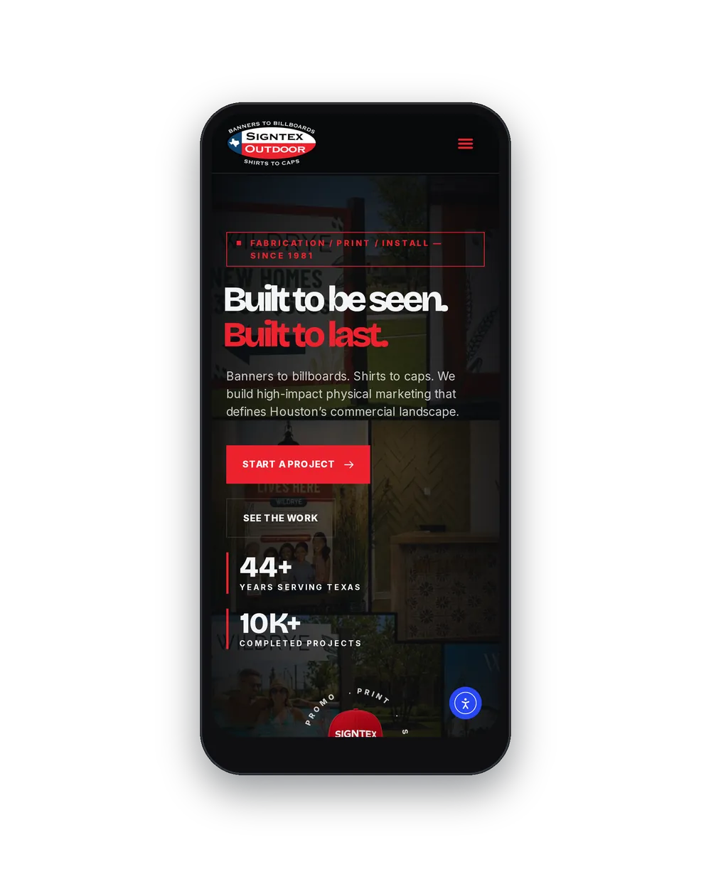 Signtex Outdoor website on a phone showing the mobile hero and Start A Project button